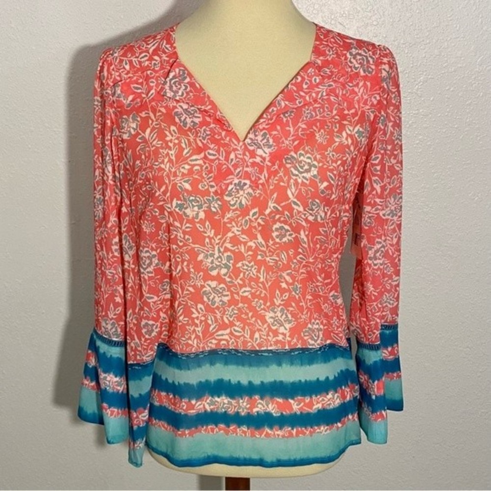 NEW Kut from the Kloth Floral Striped Blouse Women’s Size XS Coral Teal